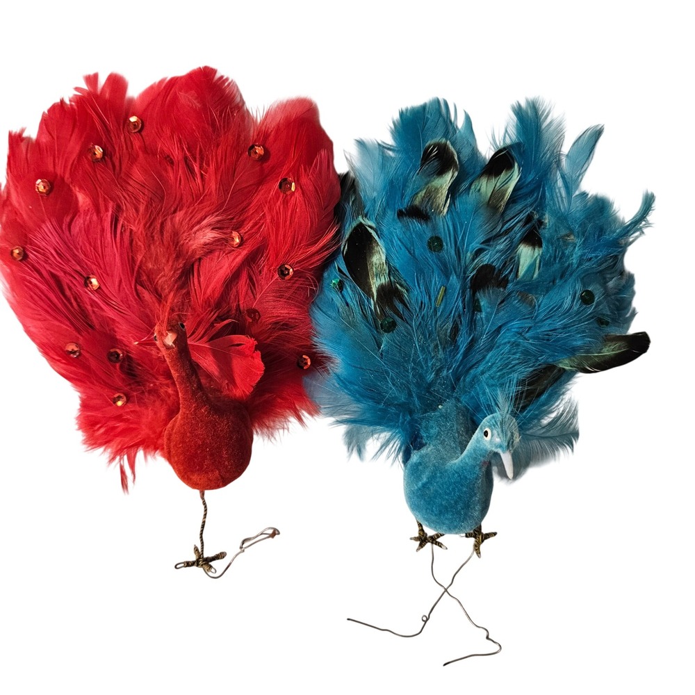 Vintage Style Red and Blue Feather Peacock Ornaments Sequin Flocked Bird Pair